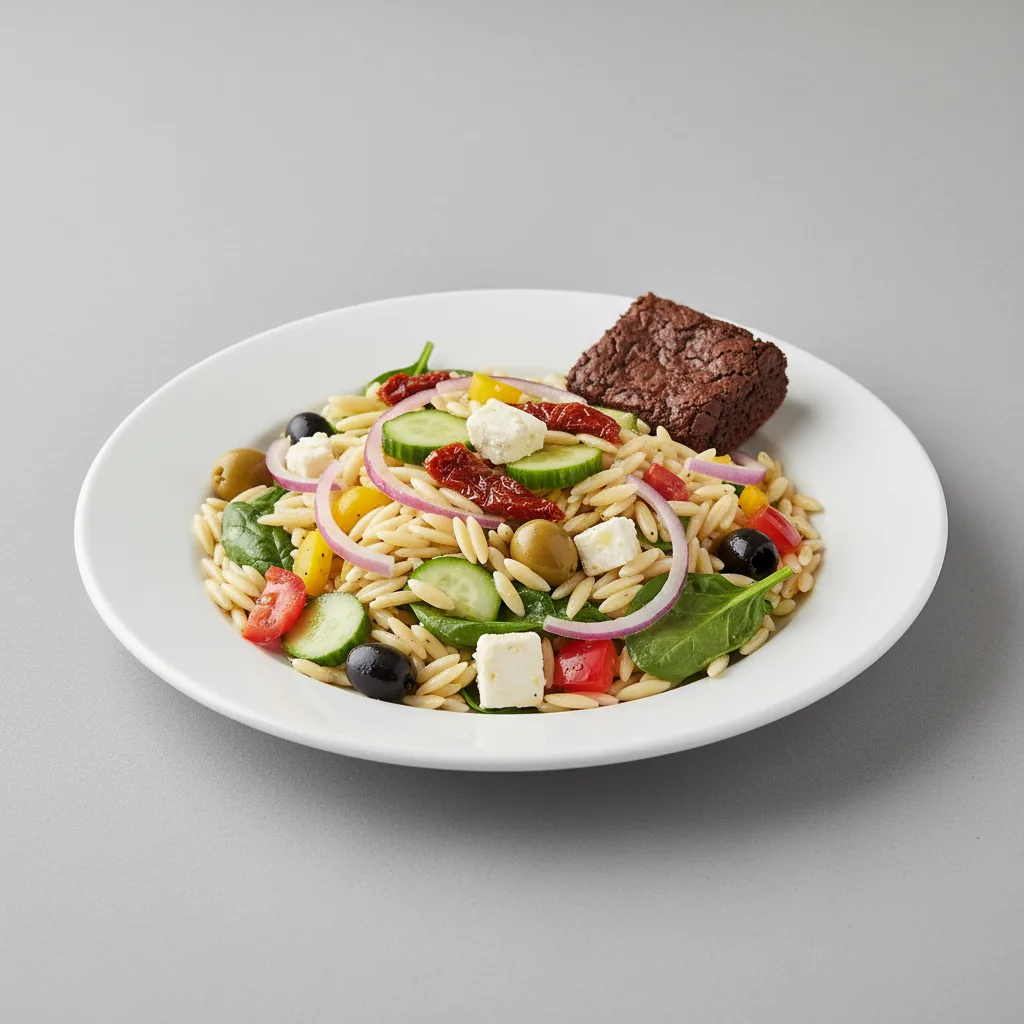 Mediterranean Orzo Salad with Fruit Salad and Brownie Bite