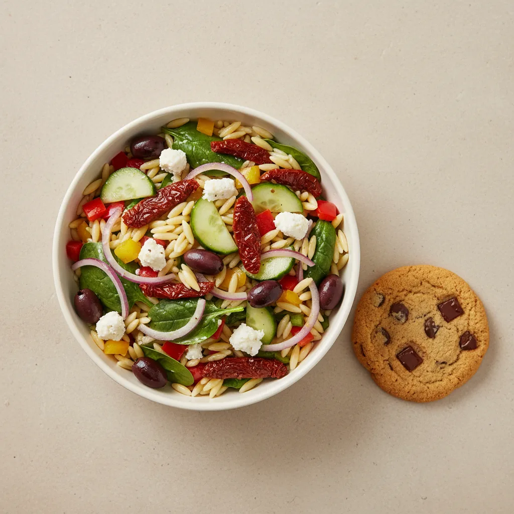 Mediterranean Orzo Salad with Fruit Salad and Chocolate Chip Cookie