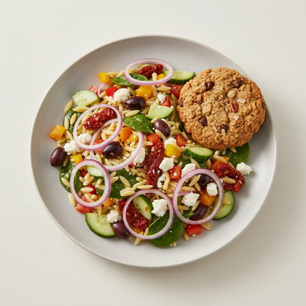 Mediterranean Orzo Salad with Fruit Salad and Cowboy Cookie