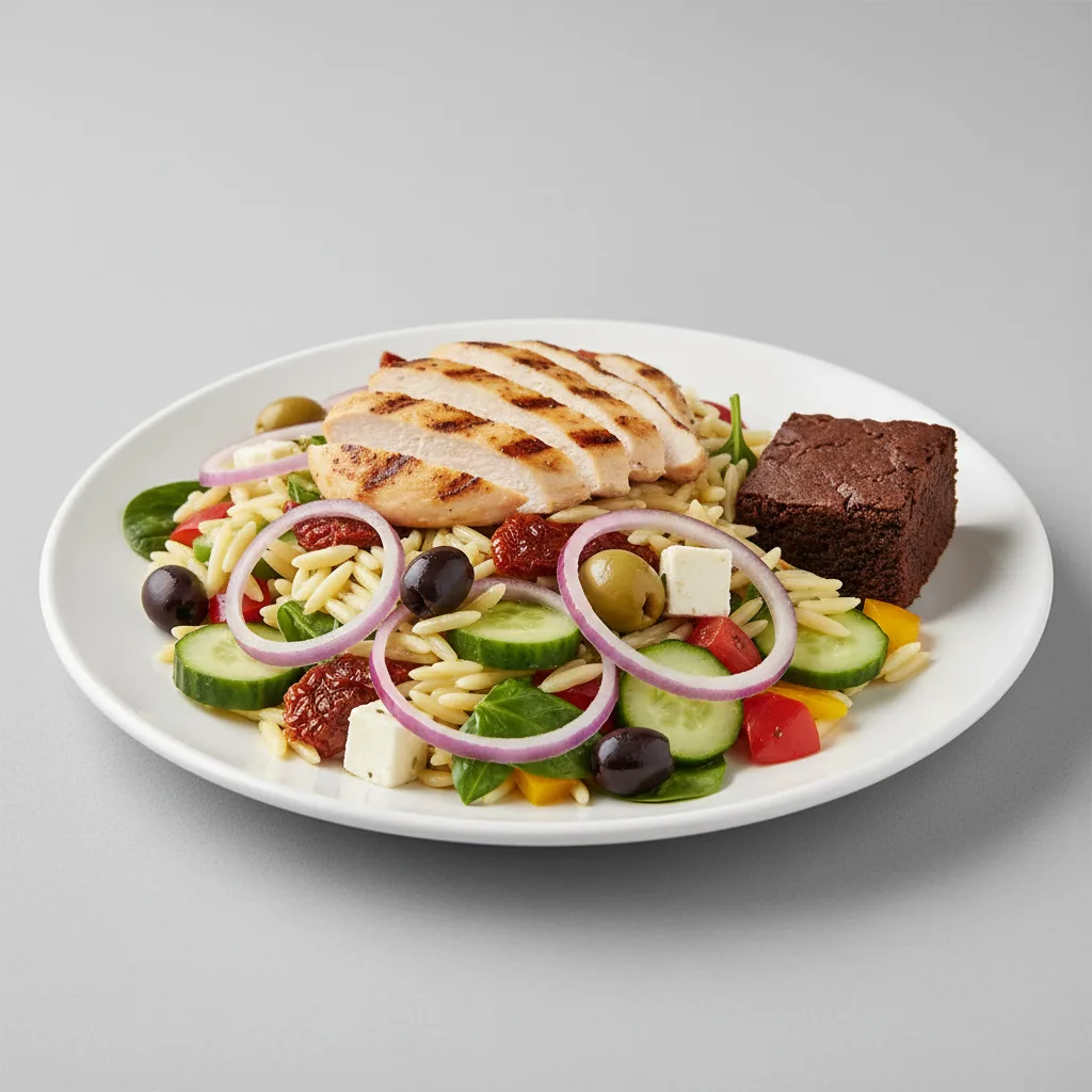 Grilled Chicken Mediterranean Orzo Salad with Fruit Salad and Brownie Bite