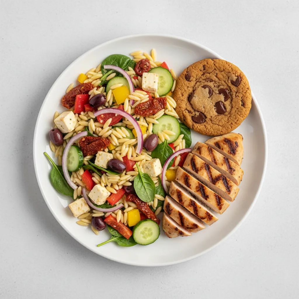 Grilled Chicken Mediterranean Orzo Salad with Fruit Salad and Chocolate Chip Cookie