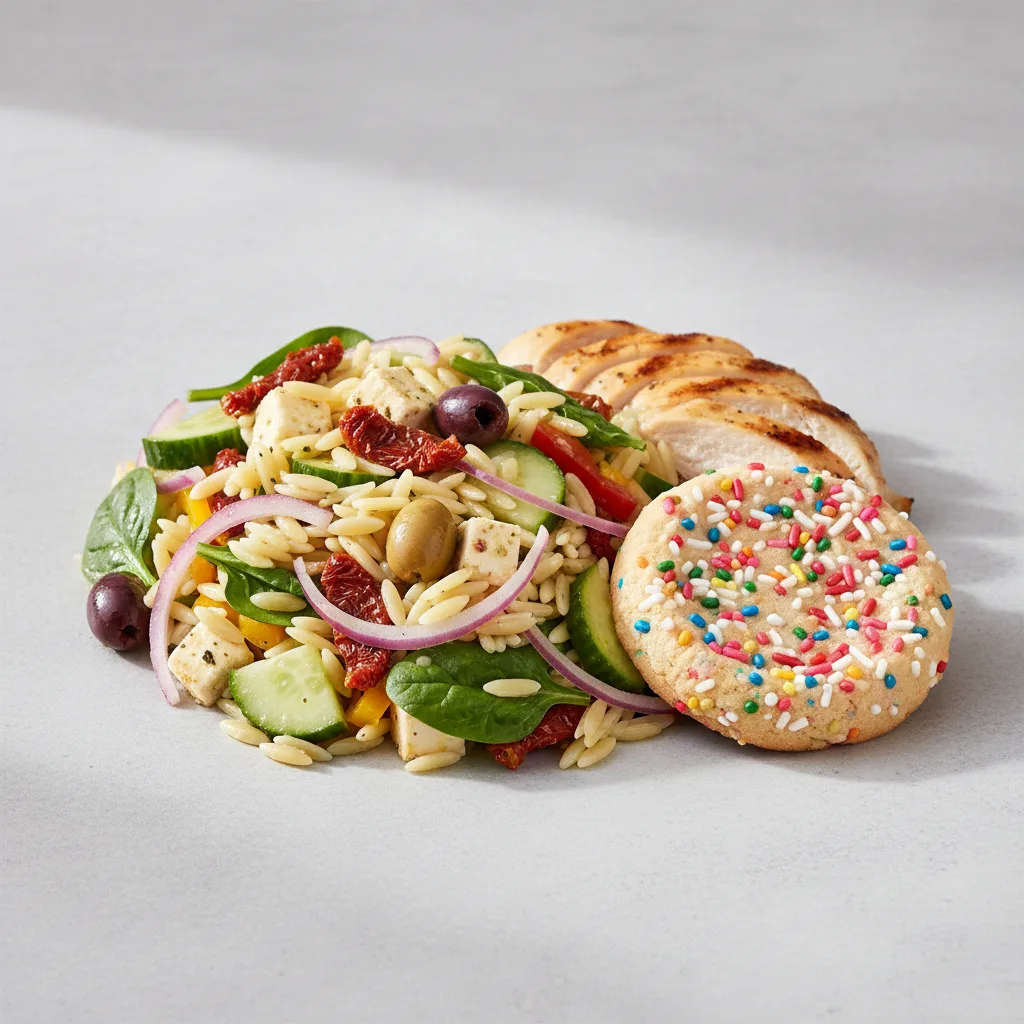 Grilled Chicken Mediterranean Orzo Salad with Fruit Salad and Sprinkle Sugar Cookie