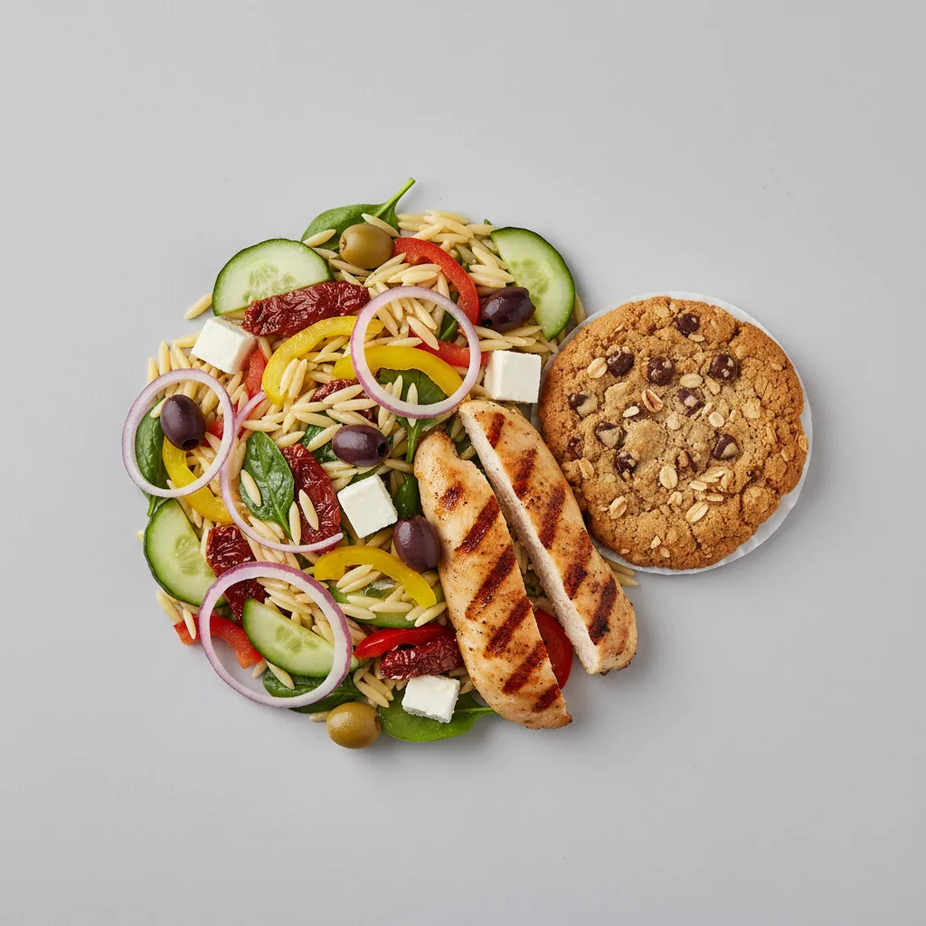 Grilled Chicken Mediterranean Orzo Salad with Fruit Salad and Cowboy Cookie