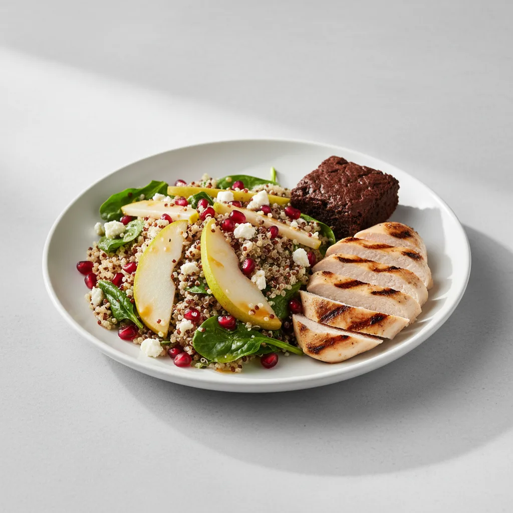 Grilled Chicken Citrus Quinoa Salad with Fruit Salad and Brownie Bite