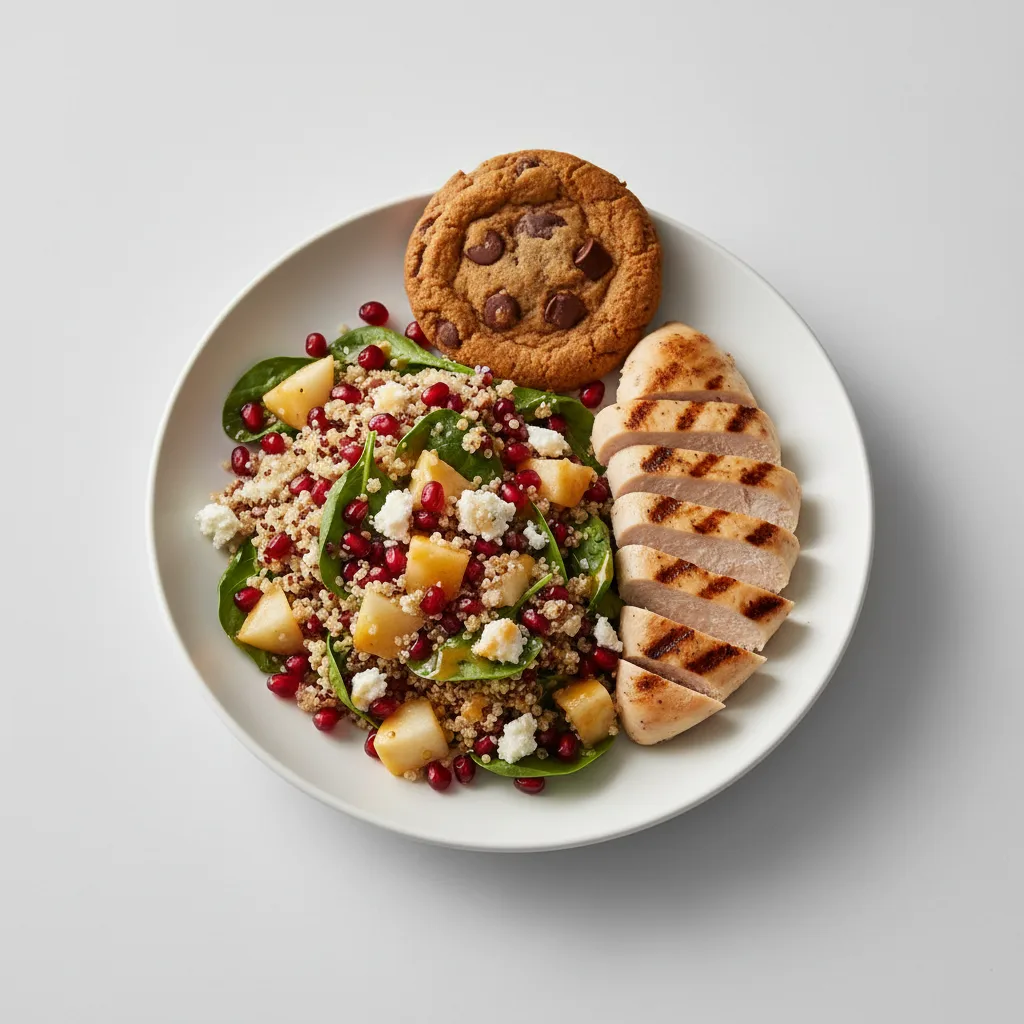 Grilled Chicken Citrus Quinoa Salad with Fruit Salad and Chocolate Chip Cookie