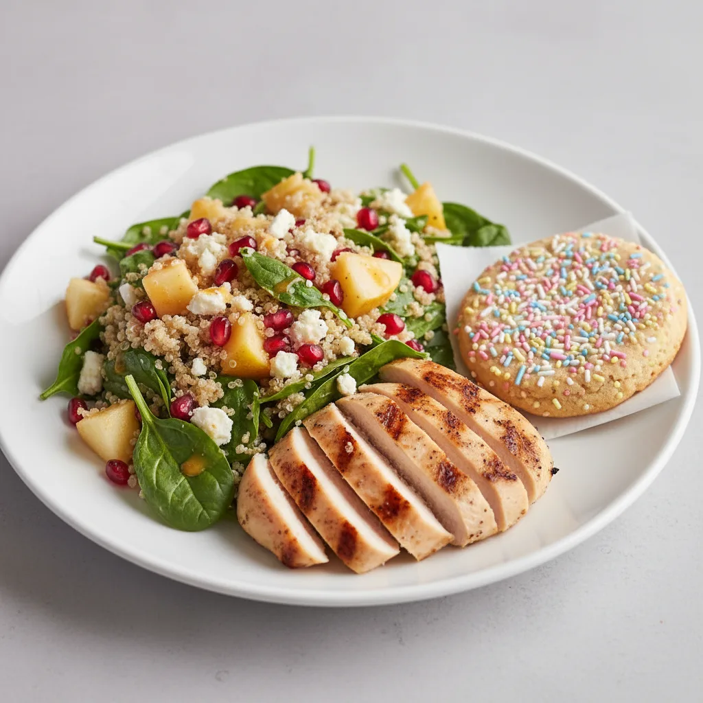 Grilled Chicken Citrus Quinoa Salad with Fruit Salad and Sprinkle Sugar Cookie
