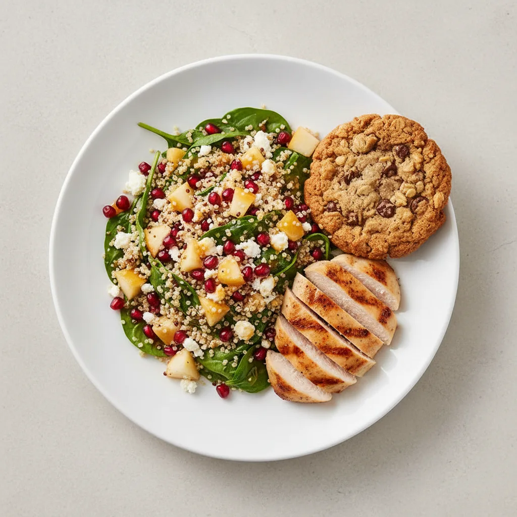 Grilled Chicken Citrus Quinoa Salad with Fruit Salad and Cowboy Cookie