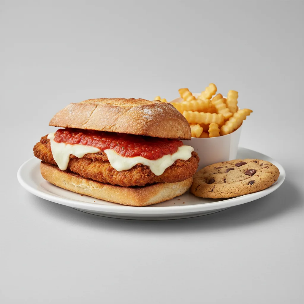 Sicilian Steak Parmigiana Sandwich with Fries and a Cookie Sicilian Steak Parmigiana Sandwich with Fries and a Cookie