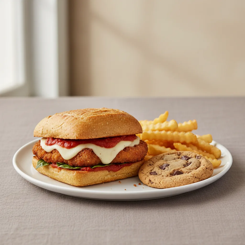 Gluten Free Sicilian Steak Parmigiana Sandwich with Fries and a Cookie Gluten Free Sicilian Steak Parmigiana Sandwich with Fries and a Cookie