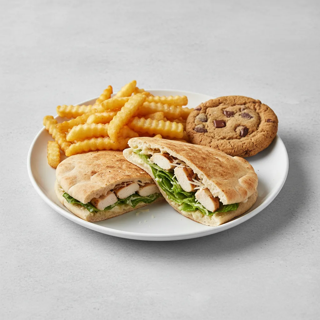Gluten Free Chicken Caesar Pita with Fries and a Cookie Gluten Free Chicken Caesar Pita with Fries and a Cookie
