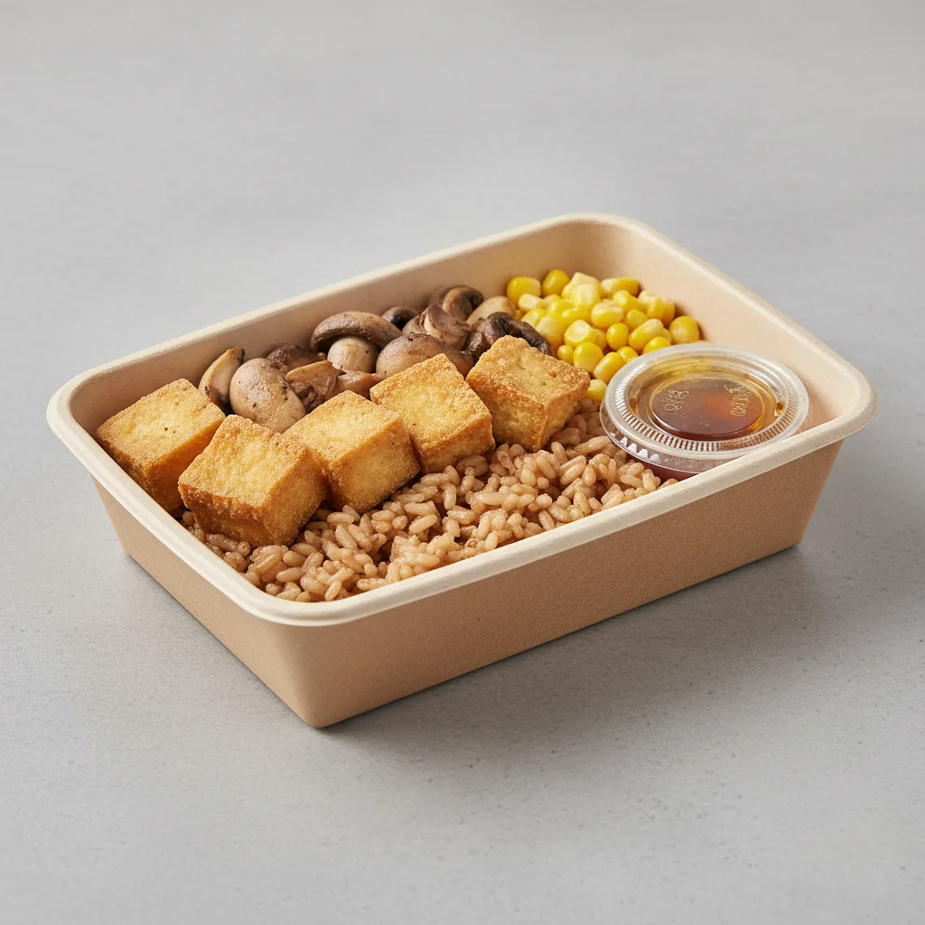 Fried Tofu (Brown) Rice Box w/ Mushrooms and Corn (Sweet Teriyaki) Fried Tofu (Brown) Rice Box w/ Mushrooms and Corn (Sweet Teriyaki)