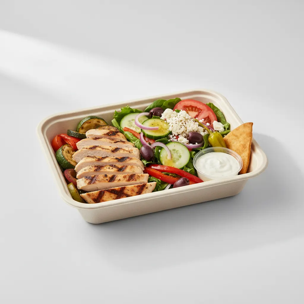 Grilled Chicken w/ Grilled Veggie and Greek Salad Box Grilled Chicken w/ Grilled Veggie and Greek Salad Box