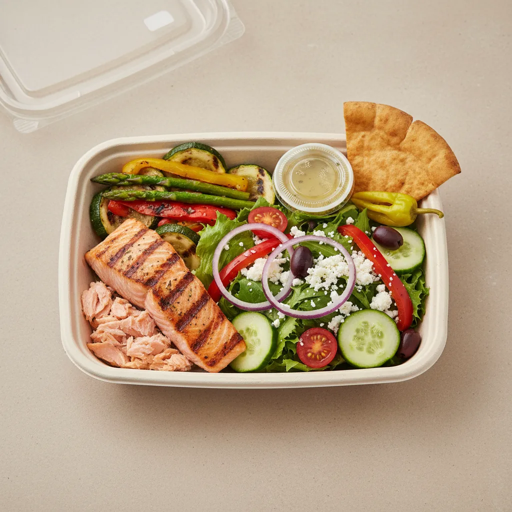 Grilled Salmon w/ Grilled Veggies and Greek Salad Box Grilled Salmon w/ Grilled Veggies and Greek Salad Box