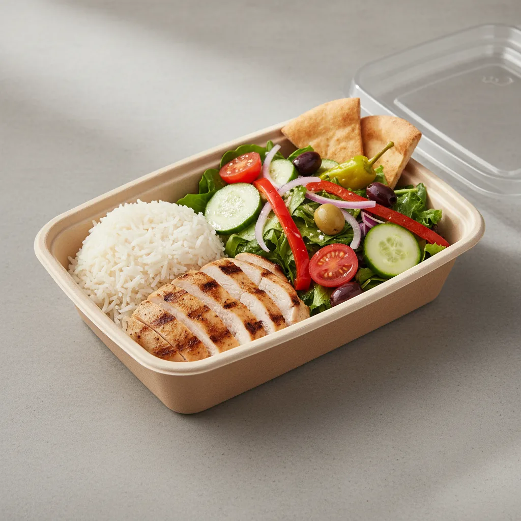 (NO DAIRY) Grilled Chicken w/ Rice and Greek Salad Box (NO DAIRY) Grilled Chicken w/ Rice and Greek Salad Box