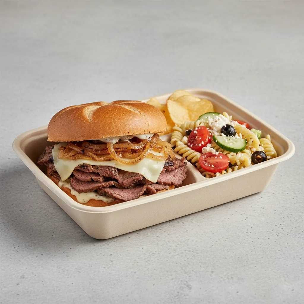 Grilled Beef Sandwich w/ Greek Pasta Salad Box Grilled Beef Sandwich w/ Greek Pasta Salad Box
