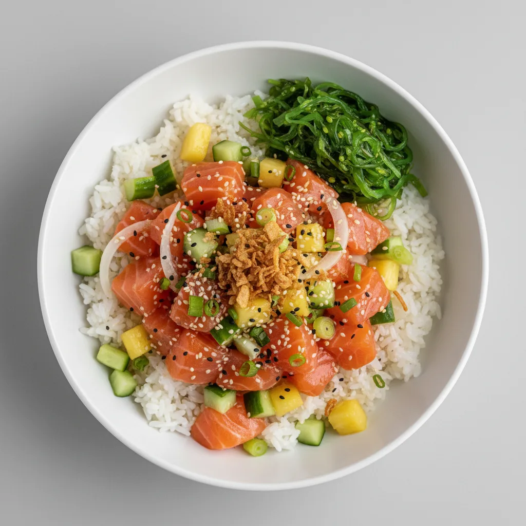Large Yuzu Ponzu Salmon over White Rice Large Yuzu Ponzu Salmon over White Rice
