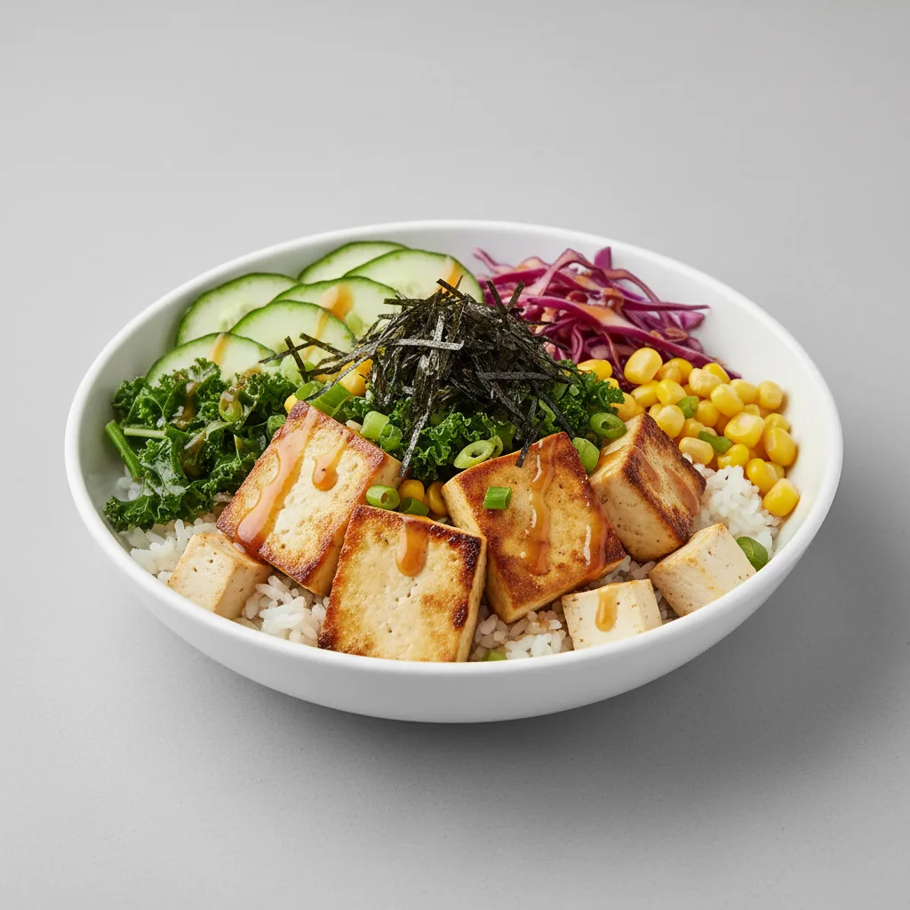 Large Organic Tofu over White Rice with Cucumber, Cabbage, Blanched Kale, Sweet Corn, Green onion, Soft Tofu, and Shredded Nori Large Organic Tofu over White Rice with Cucumber, Cabbage, Blanched Kale, Sweet Corn, Green onion, Soft Tofu, and Shredded Nori