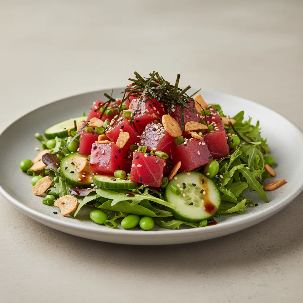 Large Ahi Tuna over Salad with Cucumber, Edamame, Cilantro, Green Onion, Sesame Seeds, Shredded Nori, and Garlic Crisps Large Ahi Tuna over Salad with Cucumber, Edamame, Cilantro, Green Onion, Sesame Seeds, Shredded Nori, and Garlic Crisps