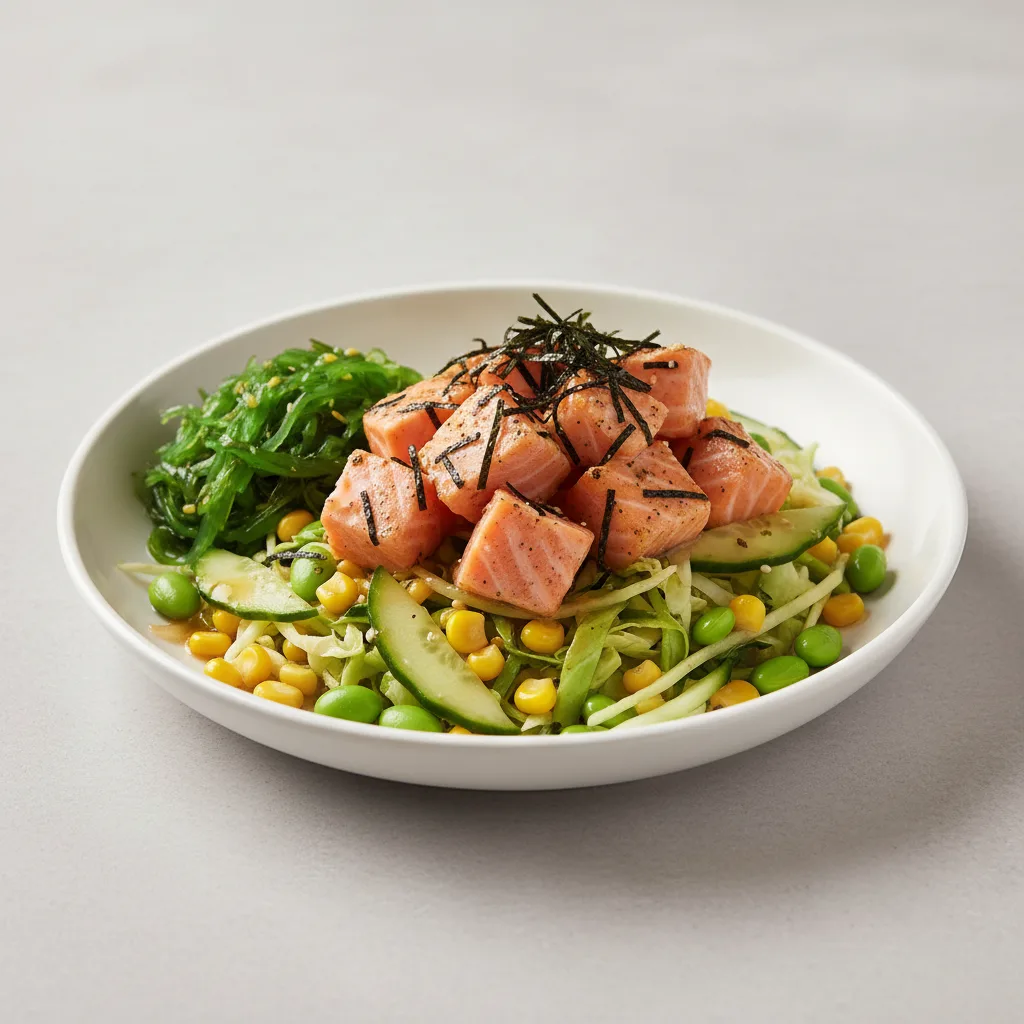 Large Salmon over Salad with Cucumber, Cabbage, Sweet Corn, Edamame, Seaweed Salad, and Shredded Nori Large Salmon over Salad with Cucumber, Cabbage, Sweet Corn, Edamame, Seaweed Salad, and Shredded Nori