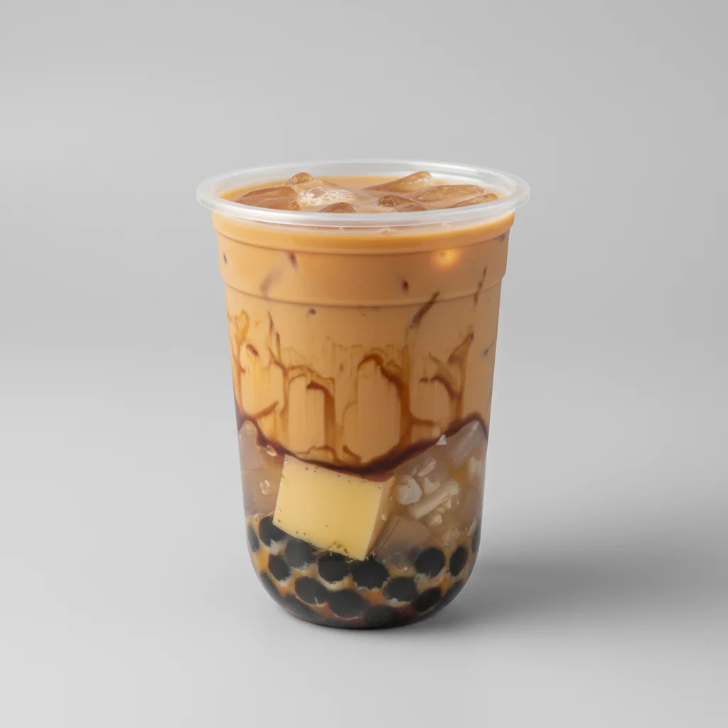 Milk Tea with Boba Pudding and Lychee Jelly [16 oz 25% Sweet]