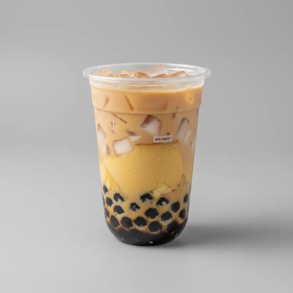 Milk Tea with Boba Pudding and Lychee Jelly [24 oz 25% Sweet]