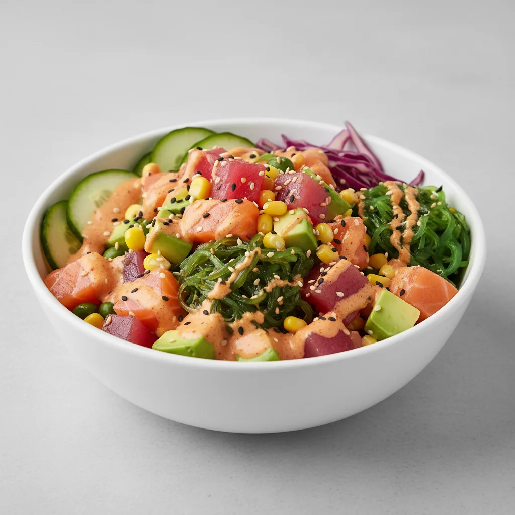 Salmon and Cado Poke Bowl with Spicy Sauce Salmon and Cado Poke Bowl with Spicy Sauce