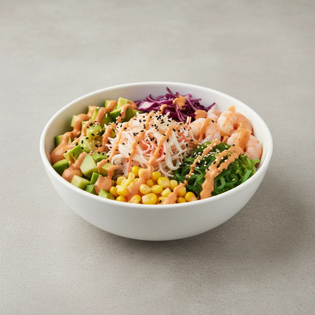 Crab Stick and Shrimp Poke Bowl with Spicy Sauce Crab Stick and Shrimp Poke Bowl with Spicy Sauce