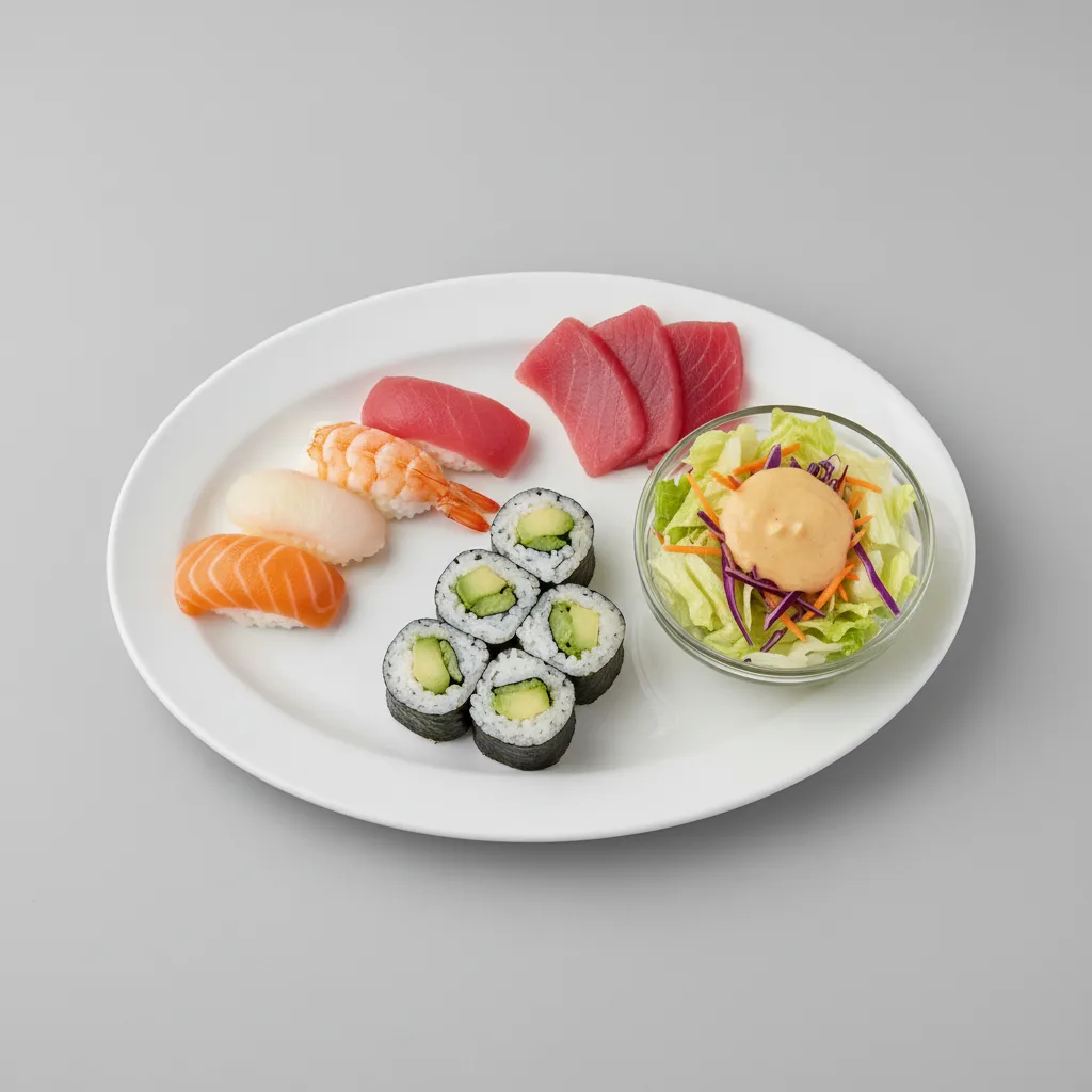 Assorted Nigiri and Sashimi, Avo Maki with house Salad Assorted Nigiri and Sashimi, Avo Maki with house Salad