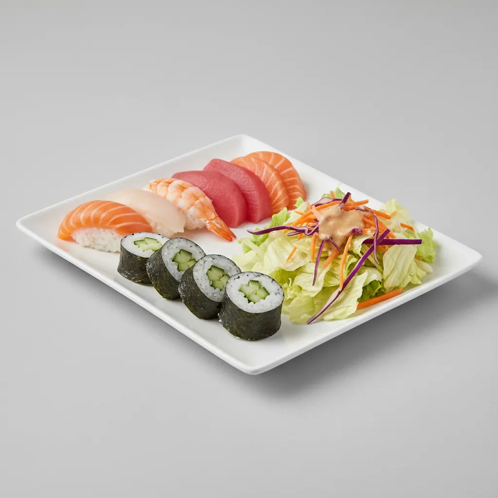 Assorted Nigiri and Sashimi, Cuc Maki with House Salad Assorted Nigiri and Sashimi, Cuc Maki with House Salad