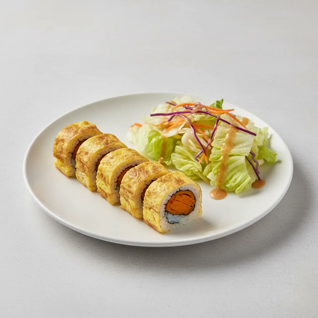 Tomago and Sweet Potato Roll with House Salad Tomago and Sweet Potato Roll with House Salad