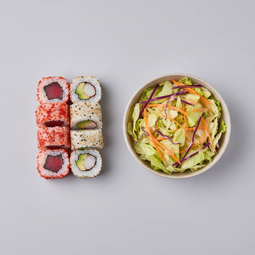 Spicy Tuna Roll and Cali Roll with House Salad Spicy Tuna Roll and Cali Roll with House Salad