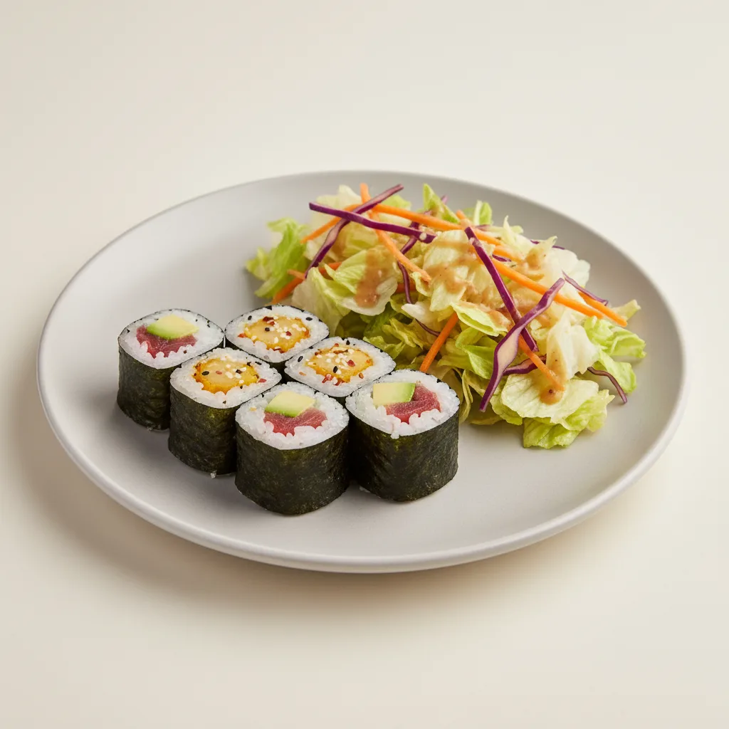 Spicy Yellowtail Roll and Tuna Avo Roll with House Salad Spicy Yellowtail Roll and Tuna Avo Roll with House Salad
