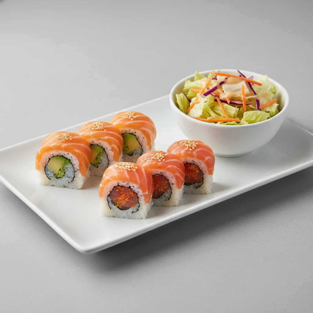 Salmon Avo Roll and Spicy Tai Roll with House Salad Salmon Avo Roll and Spicy Tai Roll with House Salad