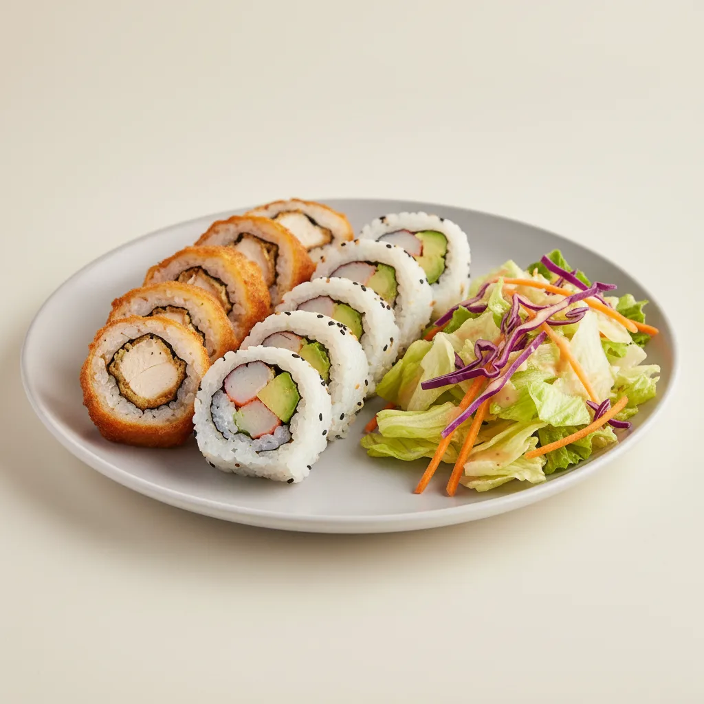Chicken Tempura Roll and Cali Roll with House Salad Chicken Tempura Roll and Cali Roll with House Salad