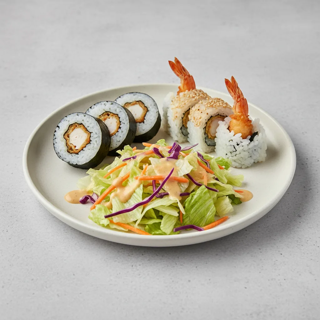 Chicken Tempura Roll and Shrimp Tempura Roll with House Salad Chicken Tempura Roll and Shrimp Tempura Roll with House Salad