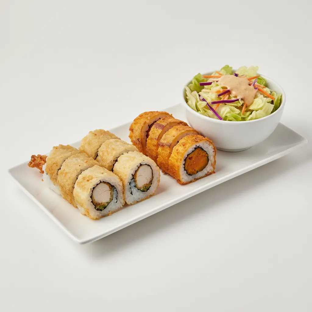 Chicken Tempura Roll and Sweet Potato Roll with House Salads Chicken Tempura Roll and Sweet Potato Roll with House Salads