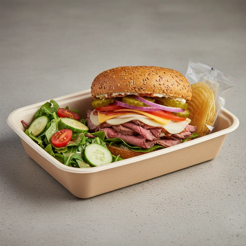 Gluten Free Roast Beef and Cheese Sandwich Box with Side Salad and Chips Gluten Free Roast Beef and Cheese Sandwich Box with Side Salad and Chips