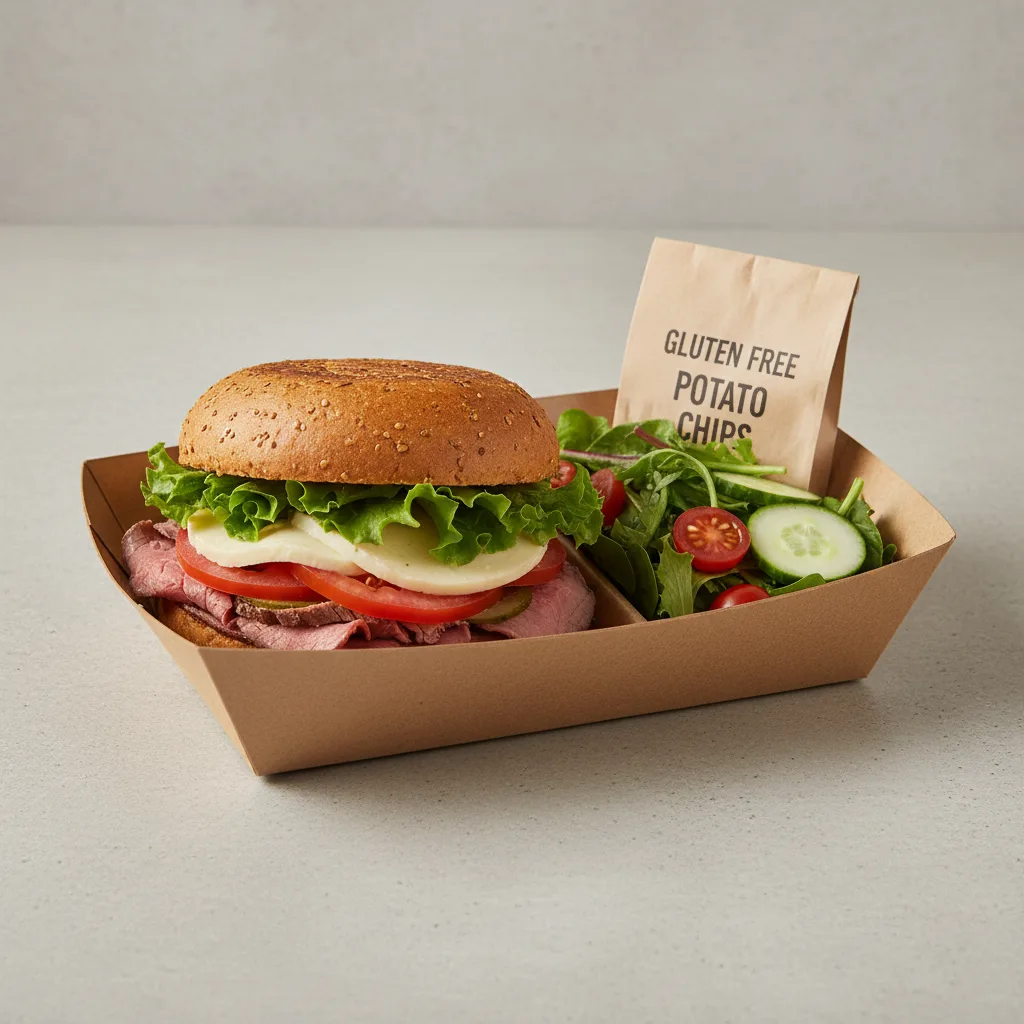 Gluten Free Roast Beef and Provolone Sandwich Box with Side Salad and Chips Gluten Free Roast Beef and Provolone Sandwich Box with Side Salad and Chips