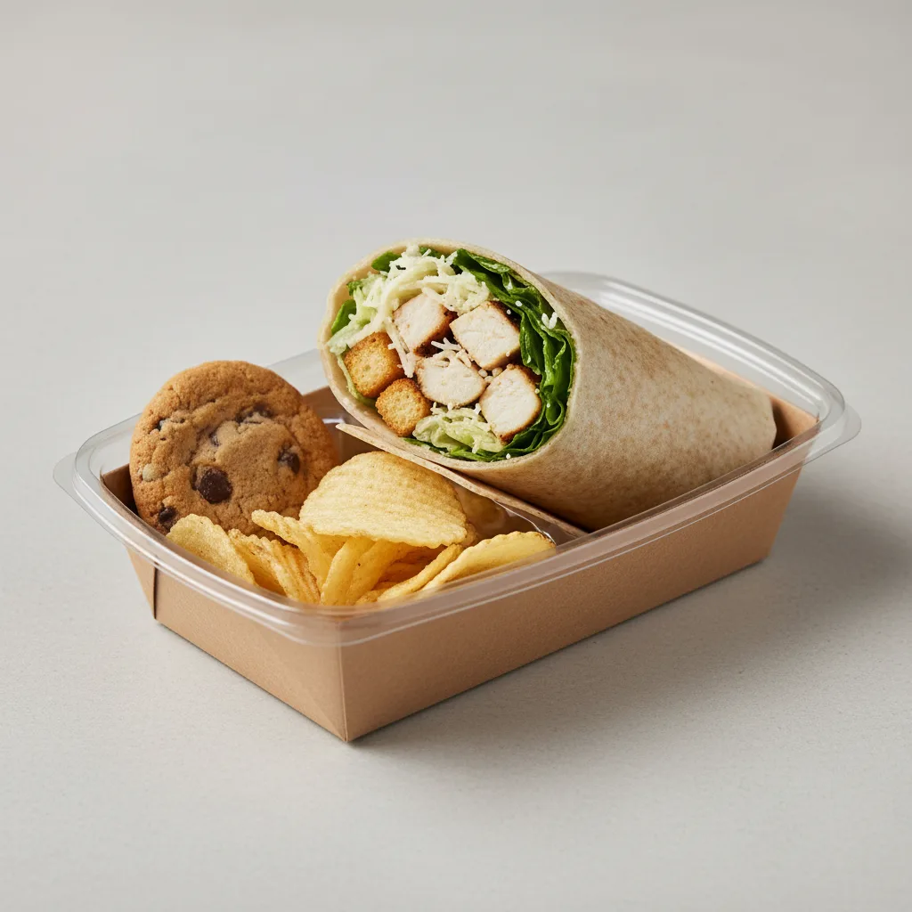 Chicken Caesar Salad Wrap Box with Cookie and Chips Chicken Caesar Salad Wrap Box with Cookie and Chips