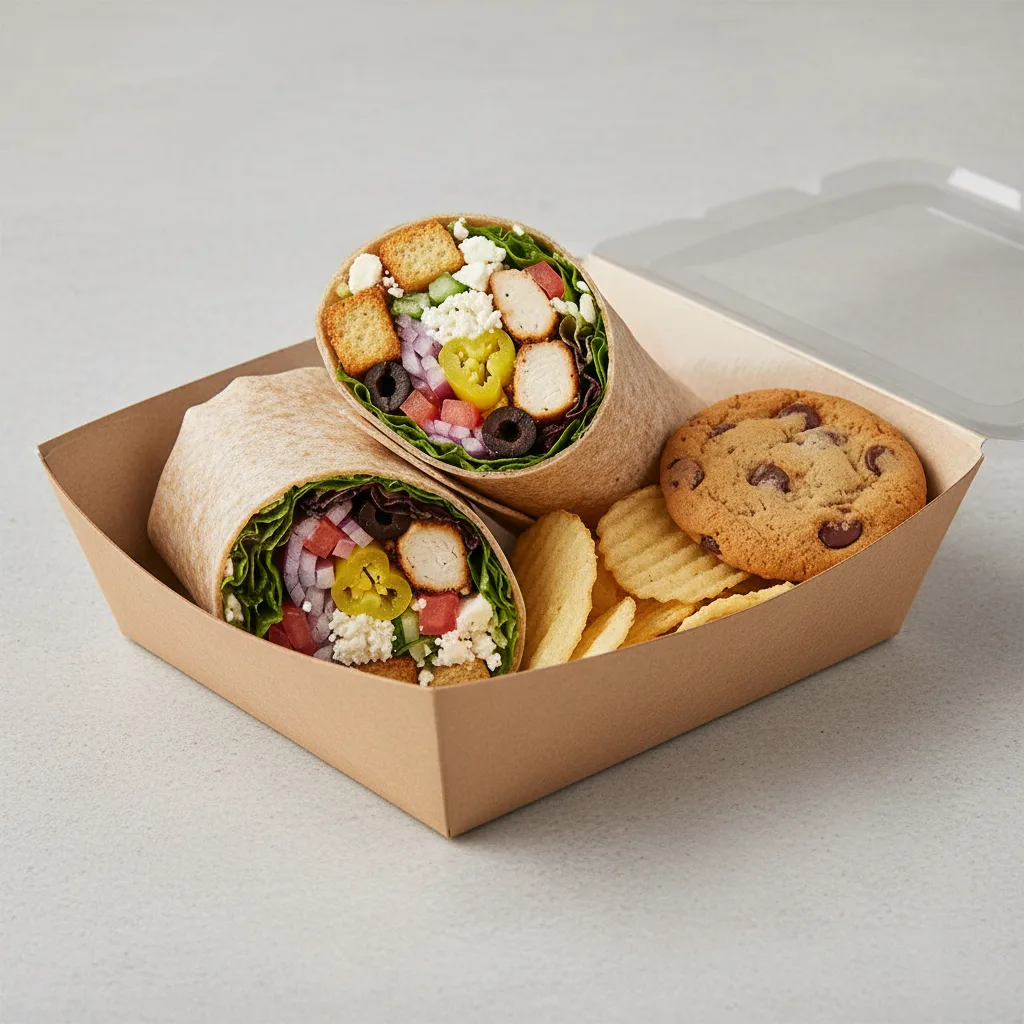 Chicken Greek Salad Wrap Box with Cookie and Chips Chicken Greek Salad Wrap Box with Cookie and Chips