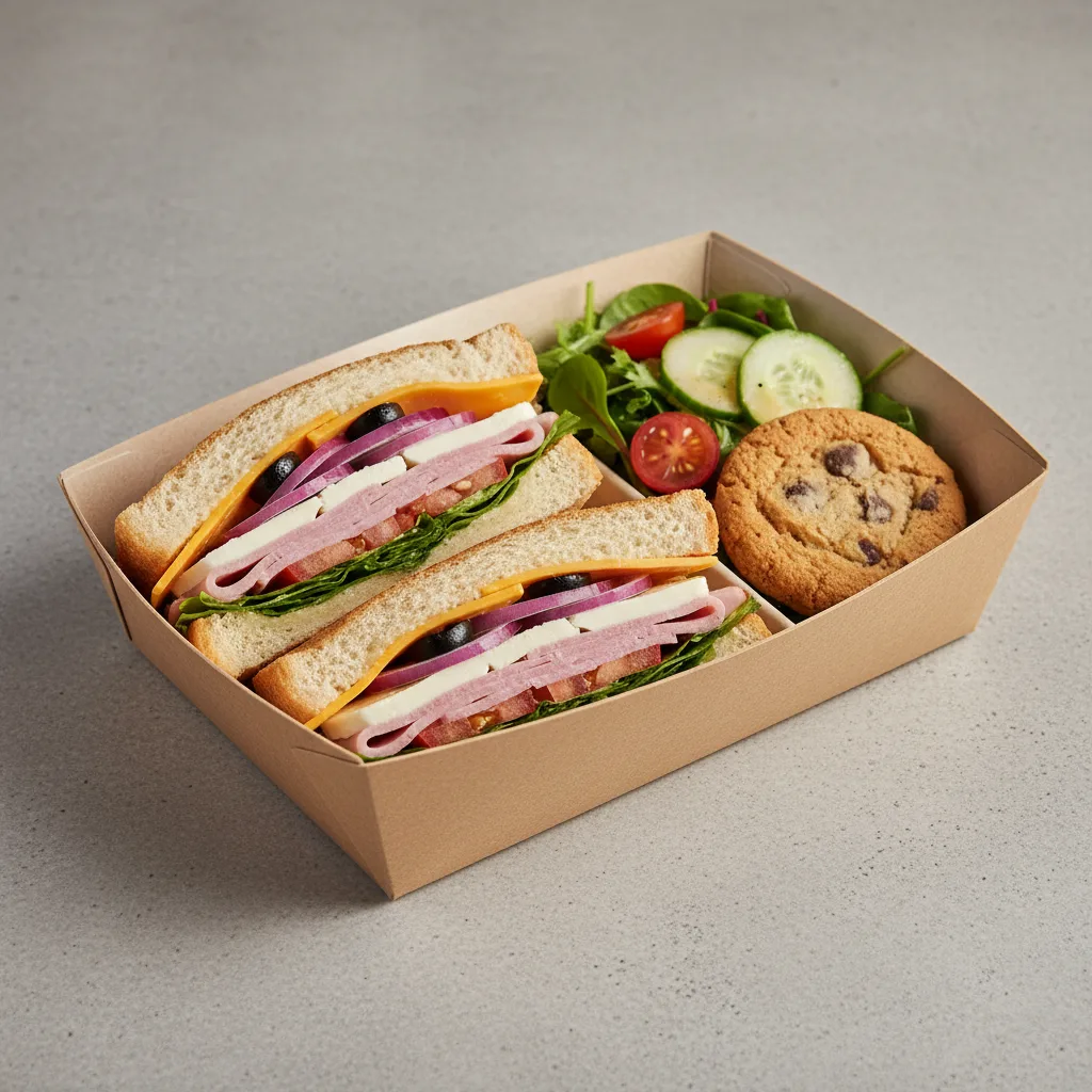 Ham and Cheese Sandwich Box with Side Salad and Cookie Ham and Cheese Sandwich Box with Side Salad and Cookie