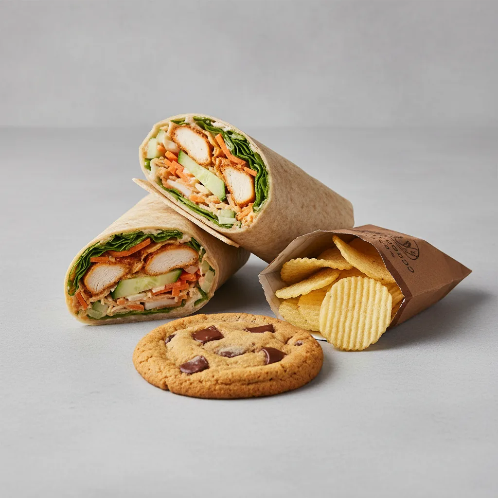 Buffalo Chicken Wrap with a Bag of Chips and a Chocolate Chip Cookie Buffalo Chicken Wrap with a Bag of Chips and a Chocolate Chip Cookie