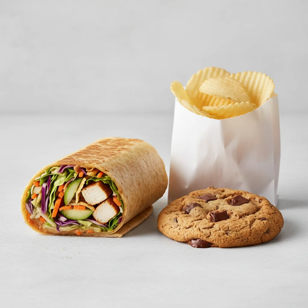 Thai Chicken Crunch Wrap with a Bag of Chips and a Chocolate Chip Cookie Thai Chicken Crunch Wrap with a Bag of Chips and a Chocolate Chip Cookie