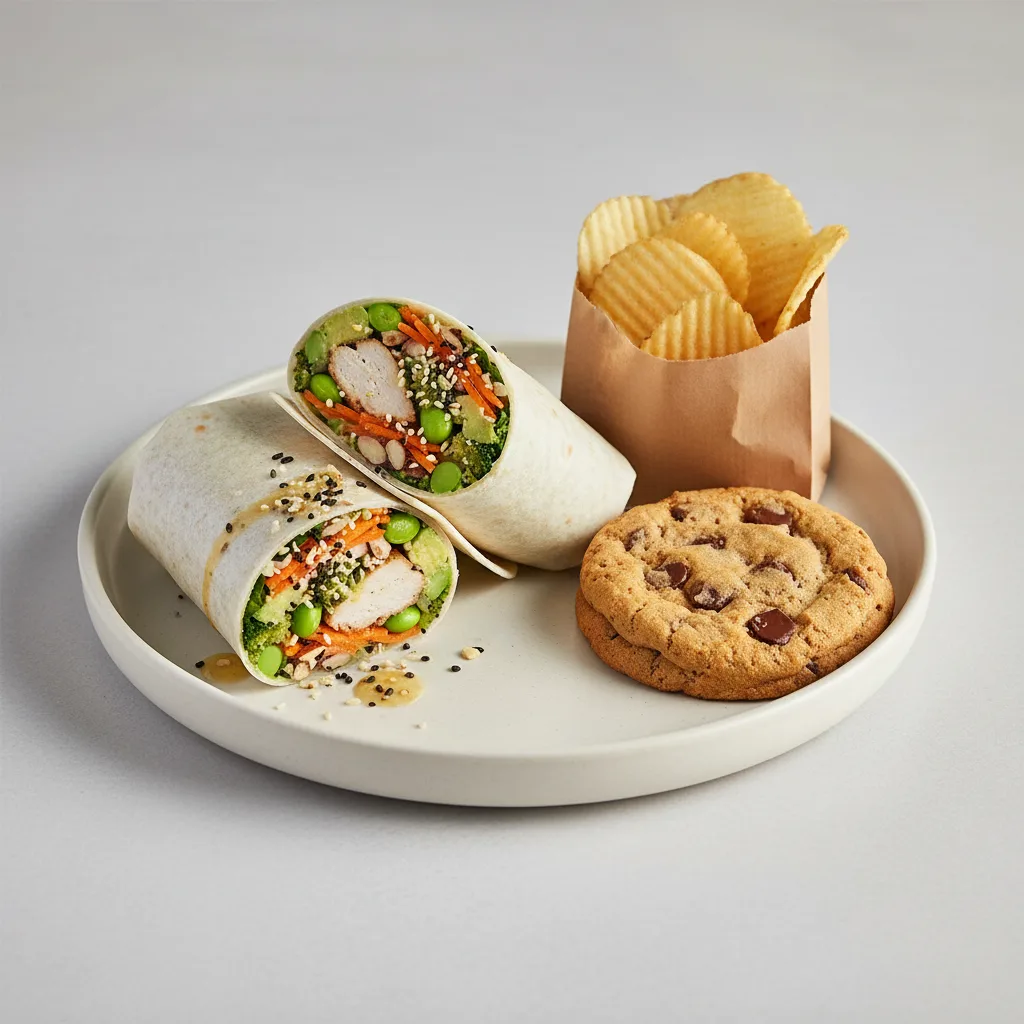 Tokyo Supergreens with Oven Roasted Chicken Wrap with a Bag of Chips and a Chocolate Chip Cookie Tokyo Supergreens with Oven Roasted Chicken Wrap with a Bag of Chips and a Chocolate Chip Cookie