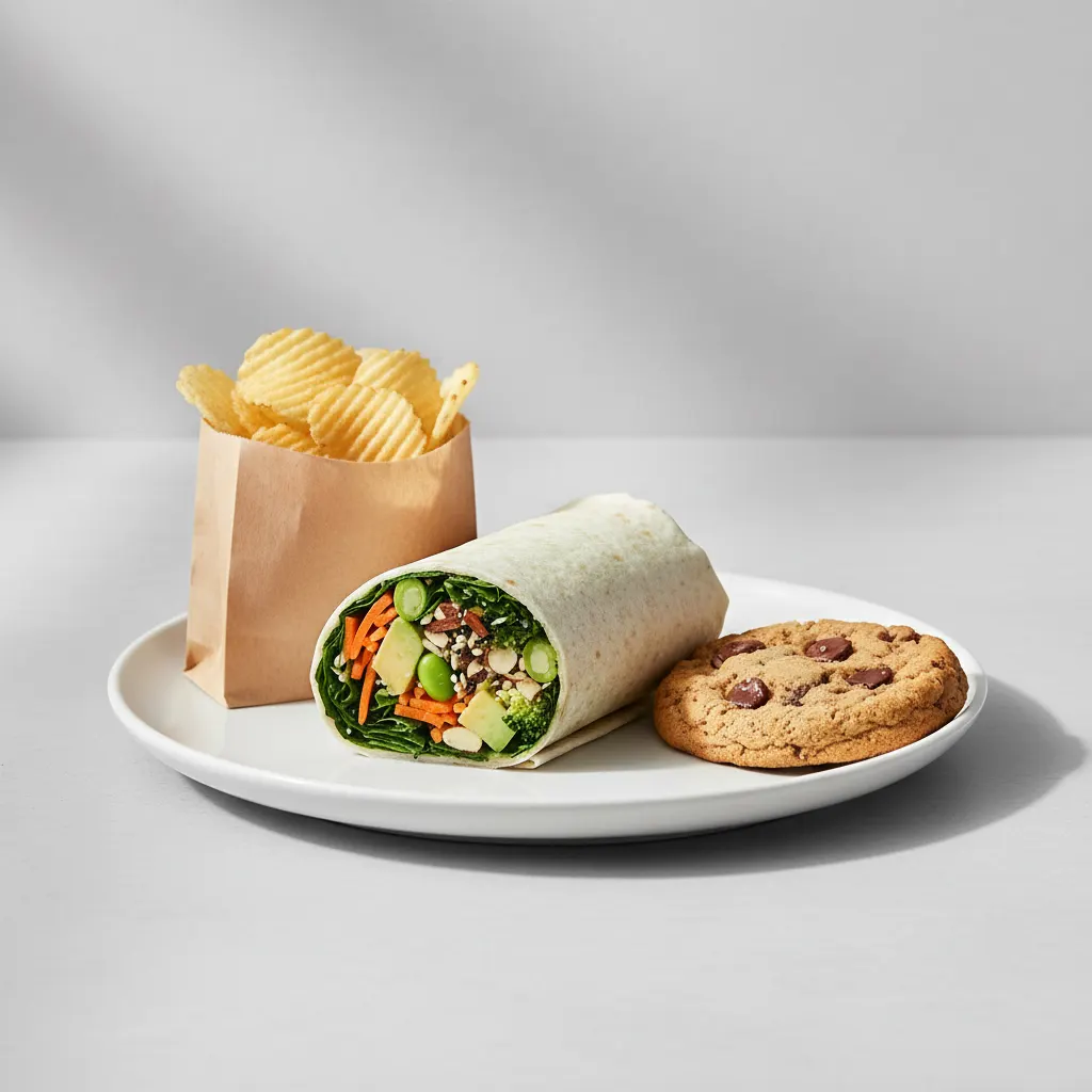 Tokyo Supergreens with Organic Sesame Tofu Wrap with a Bag of Chips and a Chocolate Chip Cookie Tokyo Supergreens with Organic Sesame Tofu Wrap with a Bag of Chips and a Chocolate Chip Cookie