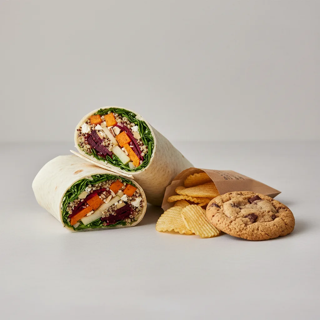 Earth Bowl Wrap with a Bag of Chips and a Chocolate Chip Cookie Earth Bowl Wrap with a Bag of Chips and a Chocolate Chip Cookie