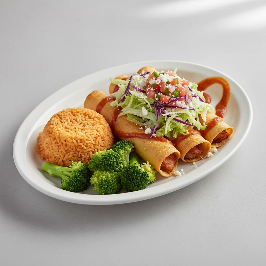 Vegetarian Potato Flautas Plate with Vegan Rice & Spicy Wild Sauce