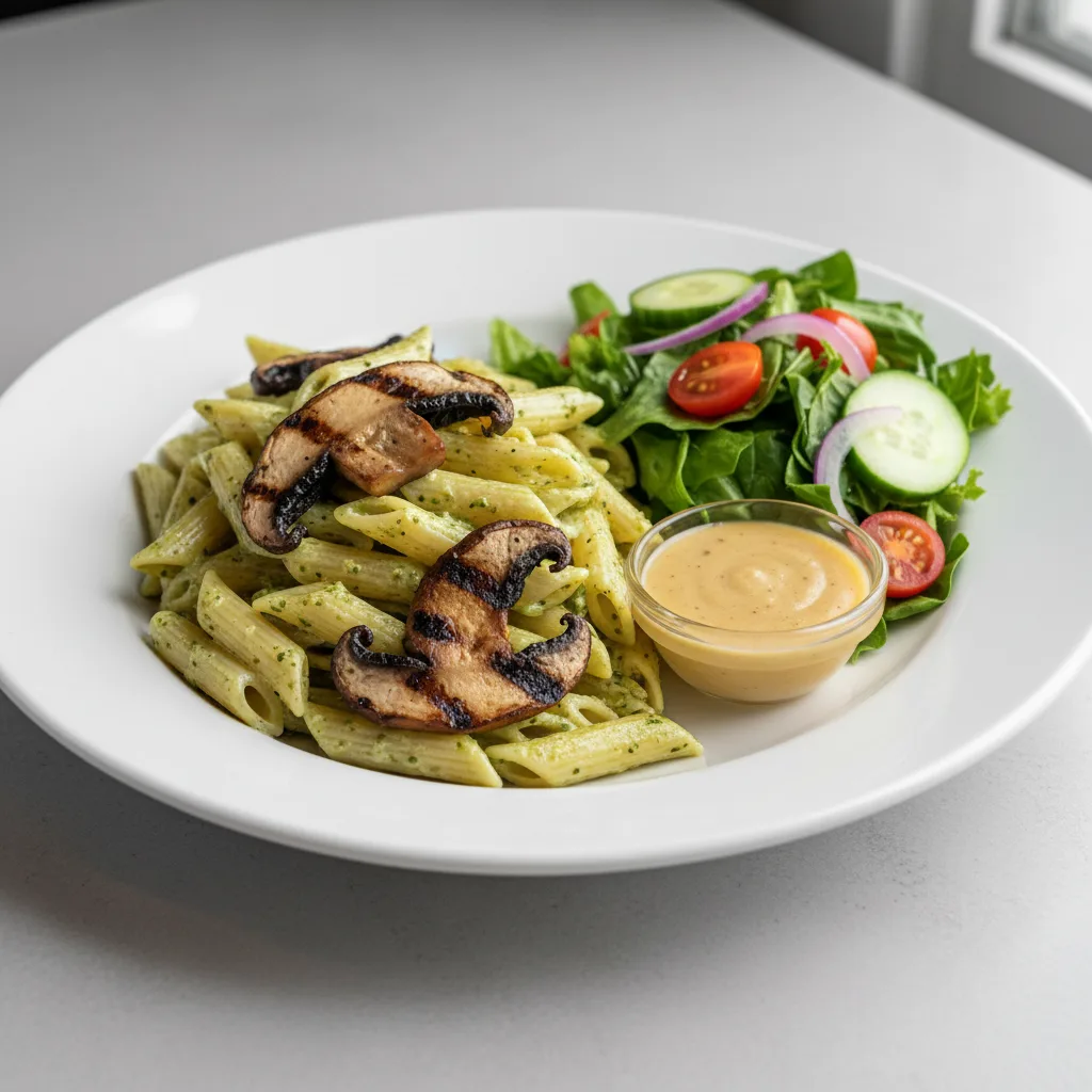 Gluten Free Penne Pesto With Grilled Portobello With a House Salad Gluten Free Penne Pesto With Grilled Portobello With a House Salad