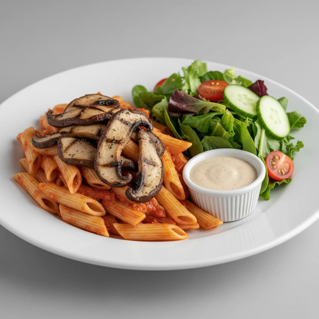 Vegan Gluten Free Penne Marinara With Grilled Portobello With a House Salad Vegan Gluten Free Penne Marinara With Grilled Portobello With a House Salad
