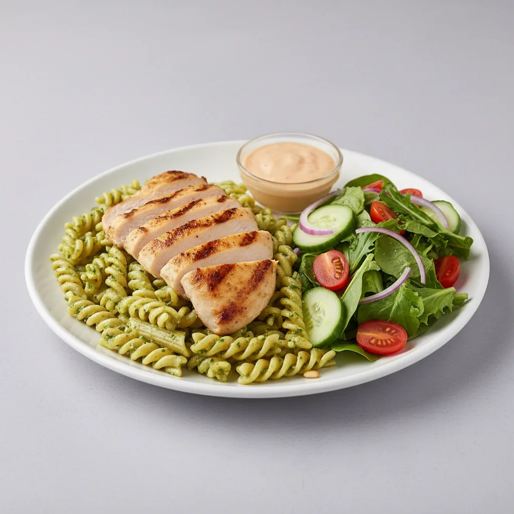 Gluten Free Penne Pesto With Grilled Chicken with a House Salad Gluten Free Penne Pesto With Grilled Chicken with a House Salad